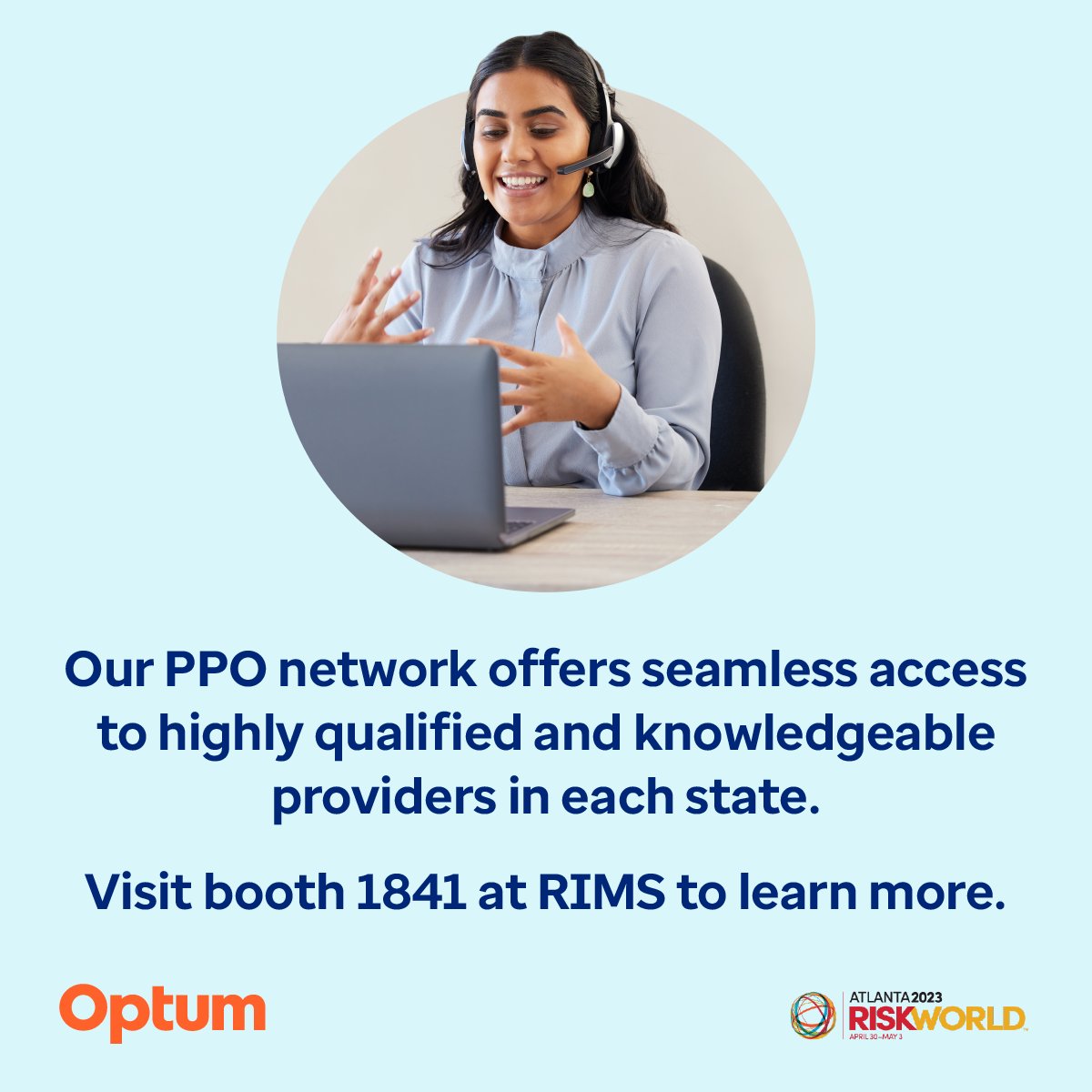 At Optum, we’re collaborating with clients and providers to achieve healthier outcomes in workers’ compensation and auto no-fault. Attending RIMS next week? Stop by booth 1841 and learn more about our PPO network. #workerscomp #autonofault #PPO #RIMS23