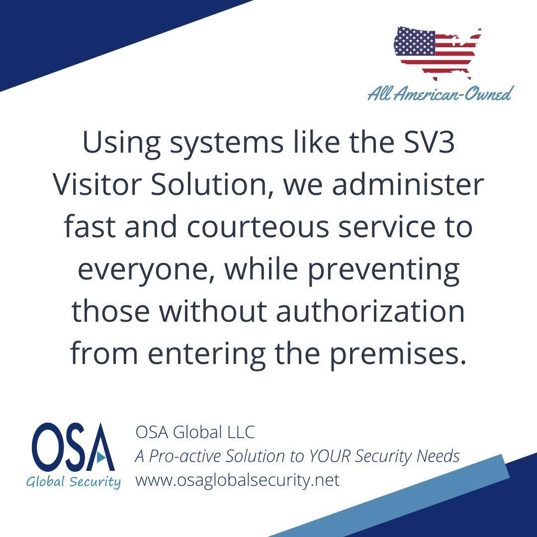 OsaGlobal's tweet photo. Using systems like the SV3 Visitor Solution, we administer fast and courteous service to everyone, while preventing those without authorization from entering the premises.

#SecurityGuard #SecurityGuards #SecurityGuardServices #SecurityGuardJobs #SecurityGuardTraining #Bradenton https://t.co/JK4K6kaycg