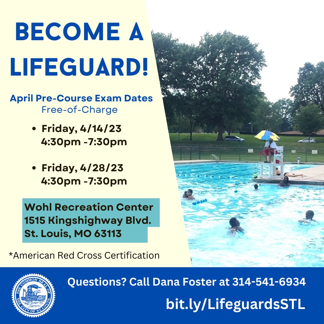 Interested in being a lifeguard? Today is the next free American Red Cross pre-course exam at Wohl Center! City Recreation is hiring youth ages 15+ as lifeguards🏖️ Visit ➡️ bit.ly/LifeguardsSTL

Already a certified lifeguard? Apply today ➡️ ow.ly/Th6B50NMfjk