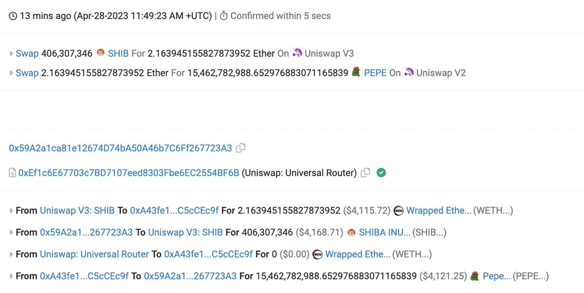 This guy transferred $22k of SHIBA in a clean wallet on Nov 2021 and saw his investment bleeding money everyday. 
Today he swapped his bag for $PEPE

Dogs are no longer in control.

 🐸🐸🐸 are here to stay. 

$PEPE 
#PepeCoin 

etherscan.io/tx/0x59d71a7f3…
