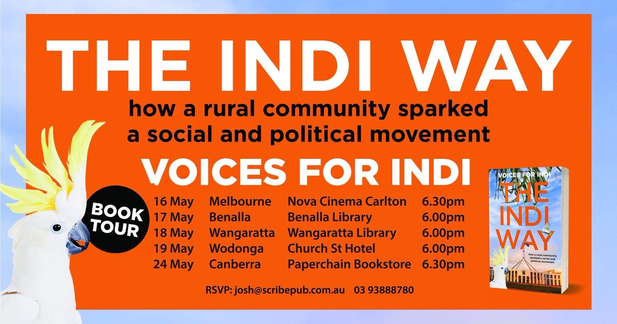Here's the launch plan for The Indi Way'.  Authors in discussion; book sales Featuring Helen Haines, hosts include Barrie Cassidy, Cathy McGowan, Gabrielle Chan, Alana Johnson. RSVP josh@scribepub.com.au Hope to see you
scribepublications.com.au/books-authors/… ⁦<a href="/dginnivan/">Denis Ginnivan</a>⁩ ⁦<a href="/adropex/">Lesley Howard</a>⁩
