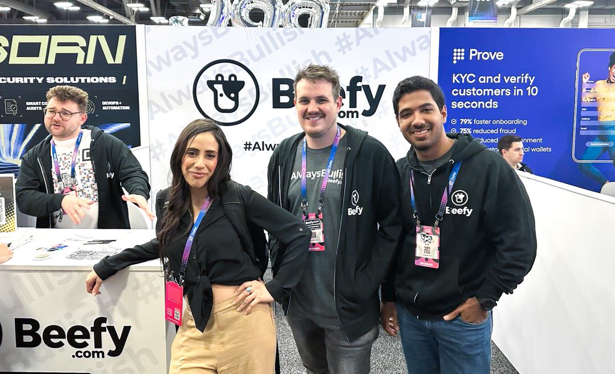 beefyfinance's tweet photo. Crypto celeb @CryptoWendyO,  taking pictures with crypto celebs @w3soBeefy &amp; @GPMSL, while @iamjackgale explains what a yield optimizer is for the 200th time today at @consensus2023. https://t.co/iLfkCxOK6U