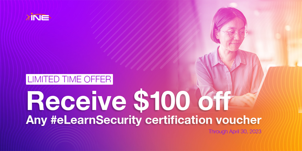INEsecurity's tweet image. LAST CHANCE TO GET $100 OFF and #eLearnSecurity certification vouchers! Offer ends April 30, 2023! CODE elsApril23100 (Not eligible for eJPT or ICCA certifications)
bit.ly/41l9sBz