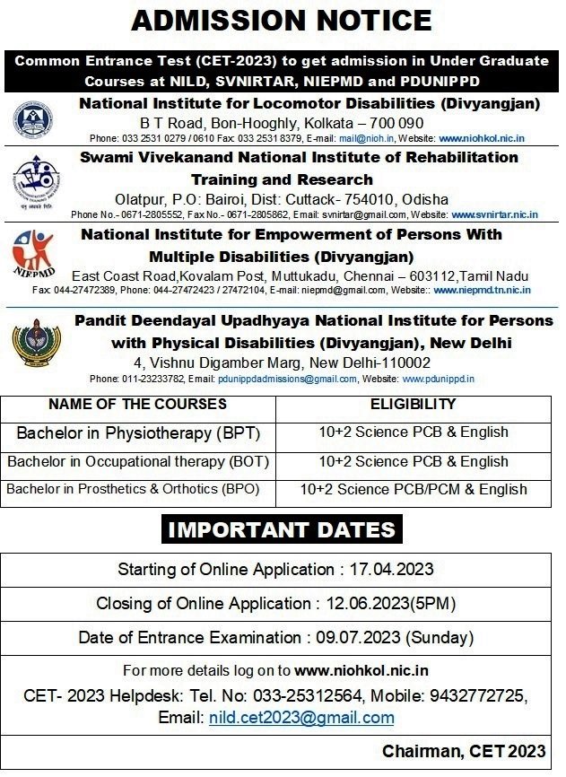 nildkol's tweet photo. Common Entrance Test 2023 for Admission to BPT, BOT, BPO Courses at
#NILD Kolkata
#SVNIRTAR Cuttack
#NIEPMD Chennai
#PDUNIPPD New Delhi
For details please visit
https://t.co/QIwYTsbeWk https://t.co/T5wY8AYtZC