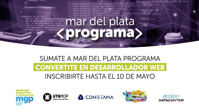 💻💯 Llega MAR DEL PLATA PROGRAMA
¡Potenciá tus habilidades en programación y desarrollo web!

👩‍💻👨‍💻Vas a aprender a ser un Desarrollador Full Stack y vas a trabajar en una página web para una PyME marplatense. No dejes pasar esta oportunidad.

Inscribite: bit.ly/mdpprograma