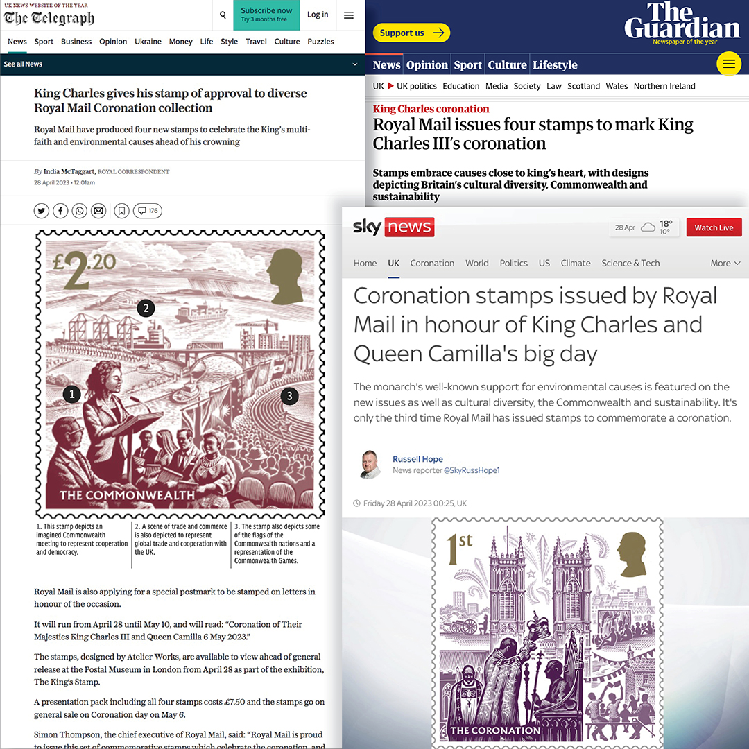 atelierwork's tweet photo. Atelier in the news. Very honoured to have been commissioned by #royalmail to design the King Charles III Coronation stamps. We worked with #andrewdavidson to capture the themes of a new reign. #royalmailstamps #coronationstamps #graphilately https://t.co/2Acj8RVUQr
