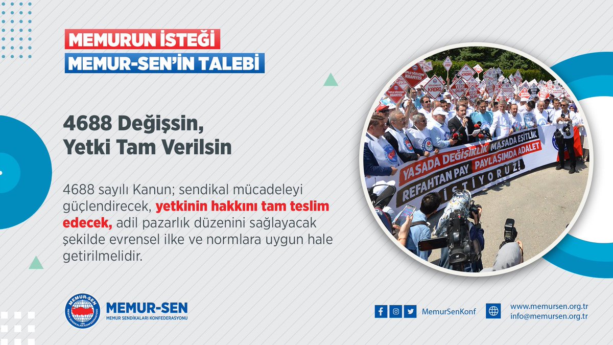 𝟒𝟔𝟖𝟖 𝐃𝐞𝐠̆𝐢𝐬̧𝐬𝐢𝐧, 𝐘𝐞𝐭𝐤𝐢 𝐓𝐚𝐦 𝐕𝐞𝐫𝐢𝐥𝐬𝐢𝐧

5️⃣ 4688 sayılı Kanun; sendikal mücadeleyi güçlendirecek, yetkinin hakkını tam teslim edecek, adil pazarlık düzenini sağlayacak şekilde evrensel ilke ve normlara uygun hale getirilmelidir. 

#Memurunİsteği
