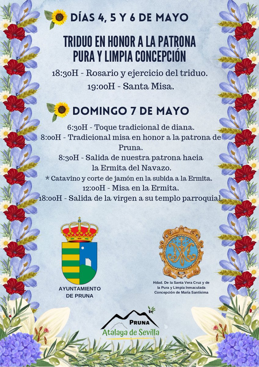 ⛪️💃🐴🌼🎶🕺🏽 ROMERÍA DE PRUNA EN HONOR A LA VIRGEN PURA Y LIMPIA CONCEPCIÓN 2.023. 

👇 Os dejamos la programación de los actos que se llevarán a cabo del 2 y 7 de mayo. 

👏👏 ¡Ánimate y participa con tus amigos y familiares! ¡Disfruta de la Romería 2.023!