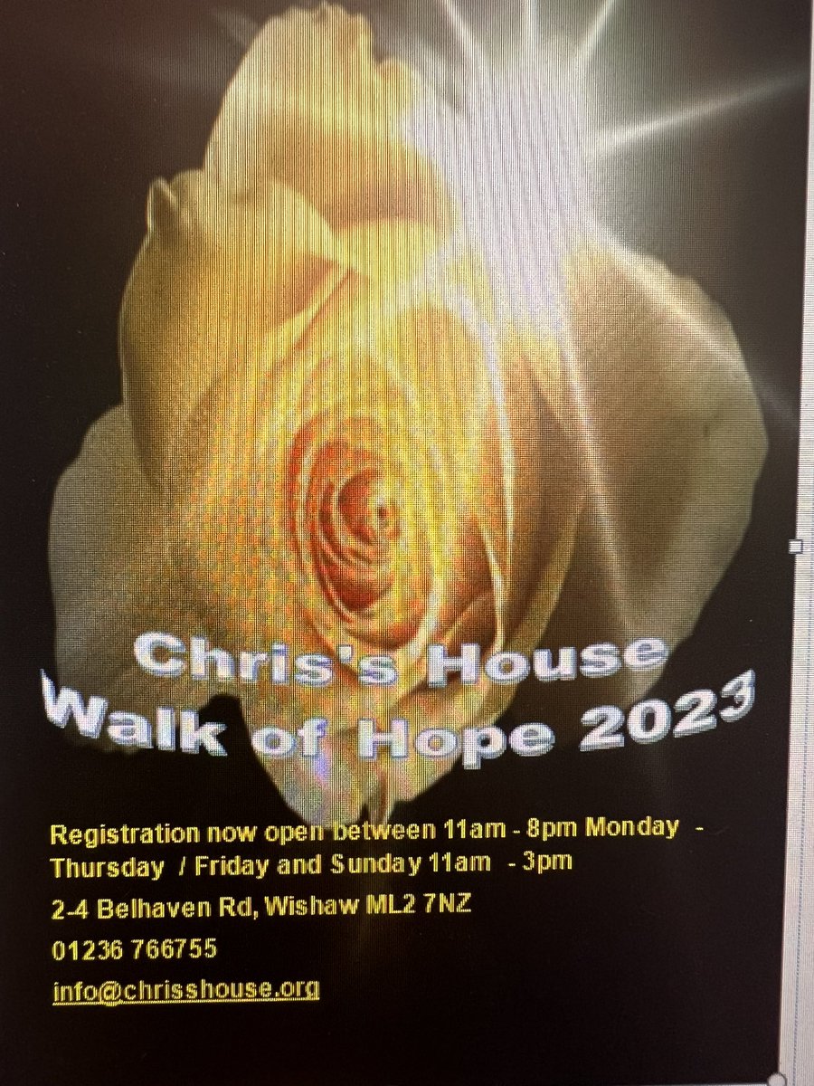 Registration for our annual Walk of Hope is now available in our office in Wishaw between 11am - 8pm Monday -Thursday and between 11am and 3pm Friday and Sunday. You can register and pick up your t shirt on the same day🖤💛🖤💛 Our eventbrite pages are also still open.
