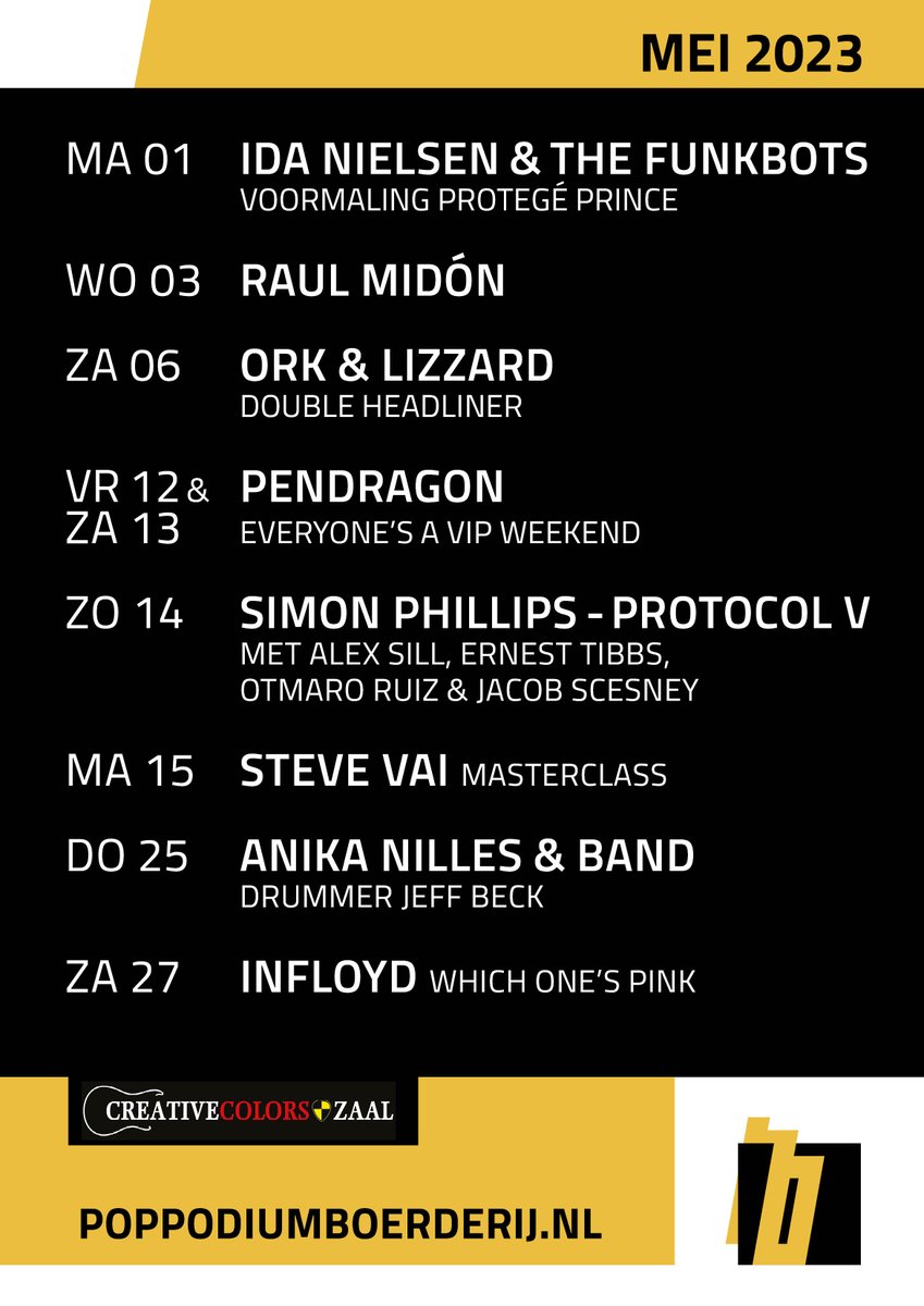podiumBoerderij's tweet photo. We zijn alweer een maand verder! Zie hier het programma voor mei. Ga rechtstreeks naar onze ticketshop: https://t.co/5fsU9ePc0K
#idanielsen #raulmidon #ork #lizzard #Pendragon #simonphillips #stevevai #anikanilles #infloyd #poppodiumboerderij https://t.co/cWyz7EJtnL