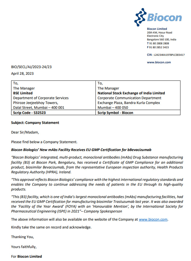 MarketVedantA's tweet image. Biocon Biologics’ new Multi-Product, Monoclonal Antibodies (mAbs) Facility receives EU GMP certification for bBevacizumab

#Biocon #new #MultiProduct #MonoclonalAntibodies #mAbsFacility #receives #EU #GMP #certification #bBevacizumab