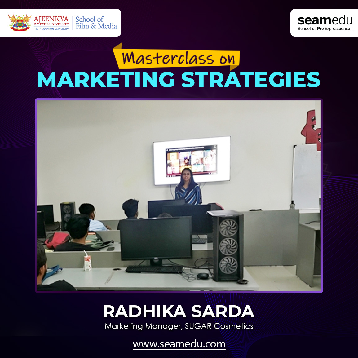 Seamedu's tweet photo. 🚀 Our students just had an insightful Masterclass on Marketing Strategies with Radhika Sarda! They learned about Sugar Cosmetics' digital marketing campaigns and their pre-production processes. Radhika shared some excellent examples of sponsorships. https://t.co/K0A7QLSdAA