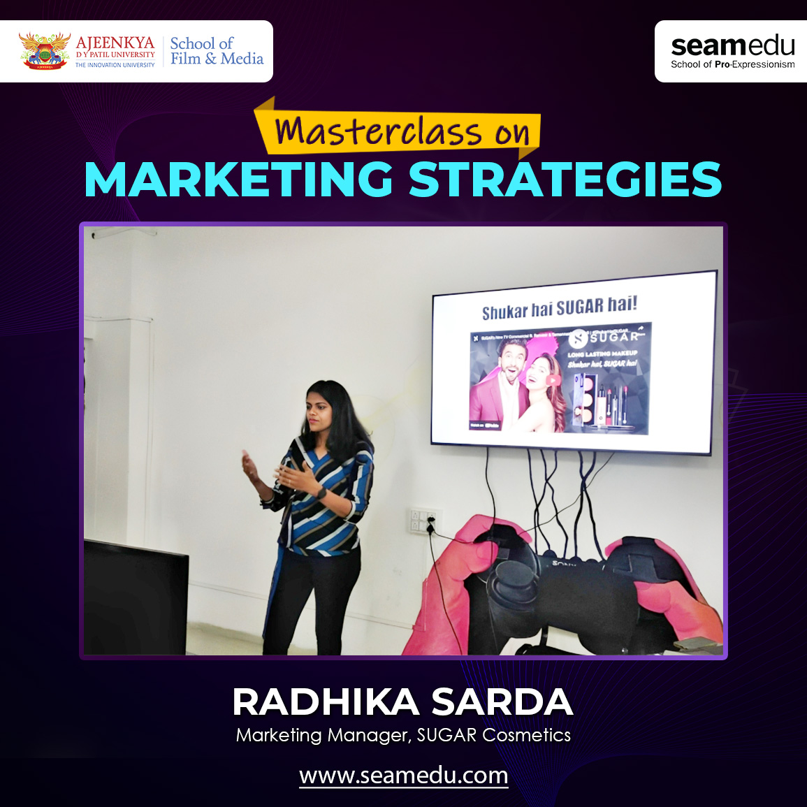 Seamedu's tweet photo. 🚀 Our students just had an insightful Masterclass on Marketing Strategies with Radhika Sarda! They learned about Sugar Cosmetics' digital marketing campaigns and their pre-production processes. Radhika shared some excellent examples of sponsorships. https://t.co/K0A7QLSdAA