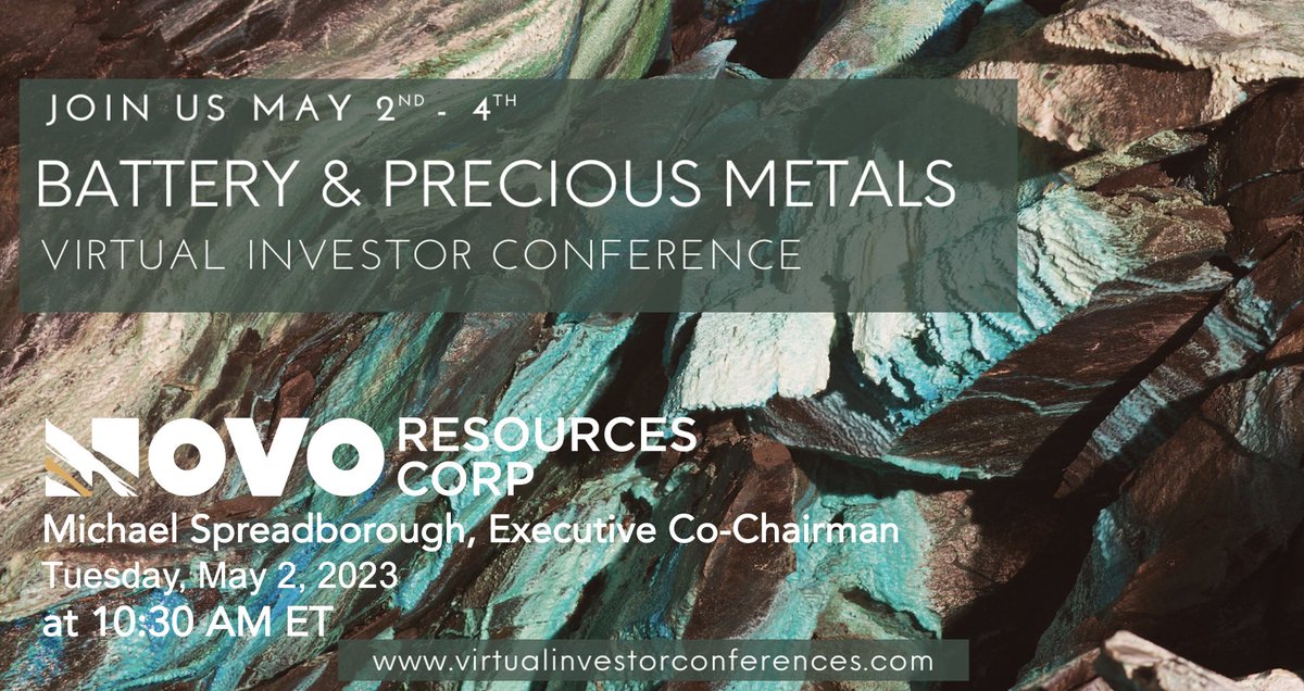 Novo_resources's tweet photo. Novo Resources​ (OTCQX: #NSRPF) will be presenting live at 10:30 AM ET on Tuesday, May 2nd at the @RIConferences #VirtualInvestorEvent. 

Click the link below for complimentary registration to the live event!

https://t.co/8K7h4FcOd5

#batterymetals #preciousmetals #gold #mining https://t.co/oaP8SZFppN