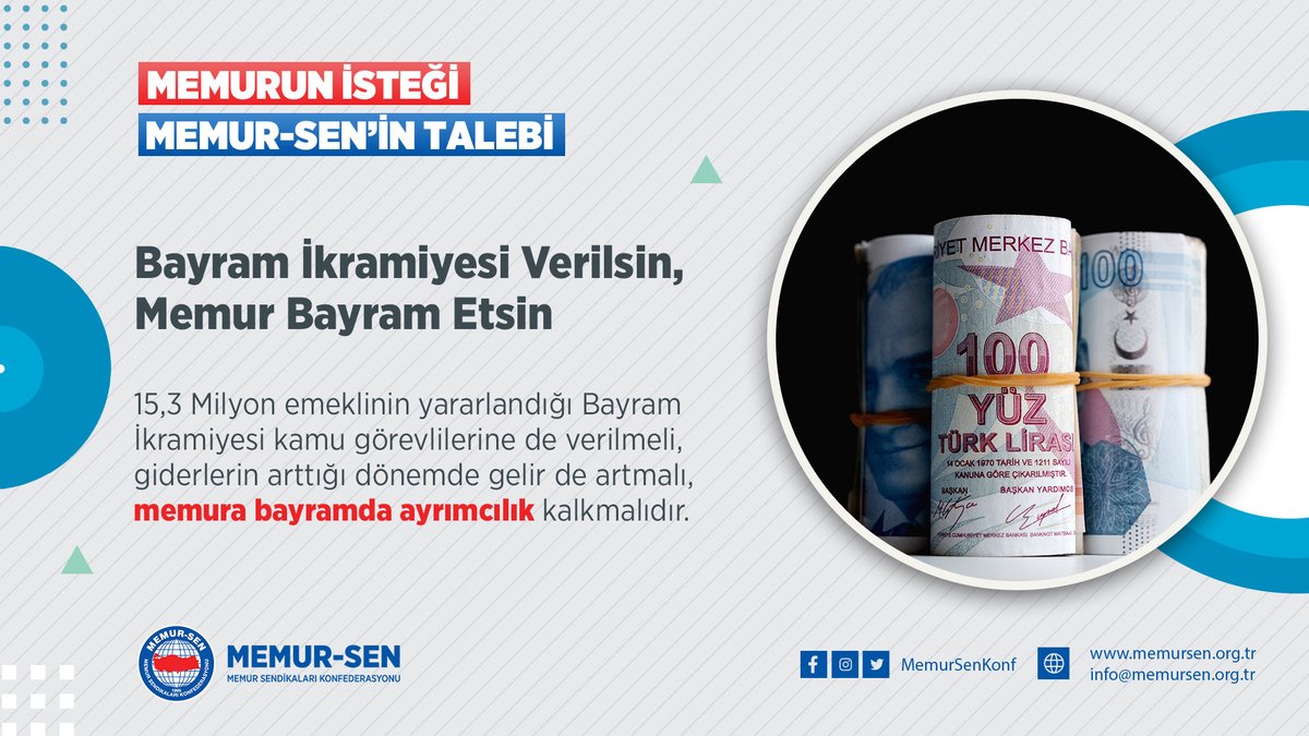 Bayram İkramiyesi Verilsin, Memur Bayram Etsin

8⃣ 15,3 Milyon emeklinin yararlandığı Bayram İkramiyesi kamu görevlilerine de verilmeli, giderlerin arttığı dönemde gelir de artmalı, memura bayramda ayrımcılık kalkmalıdır.

#Memurunİsteği