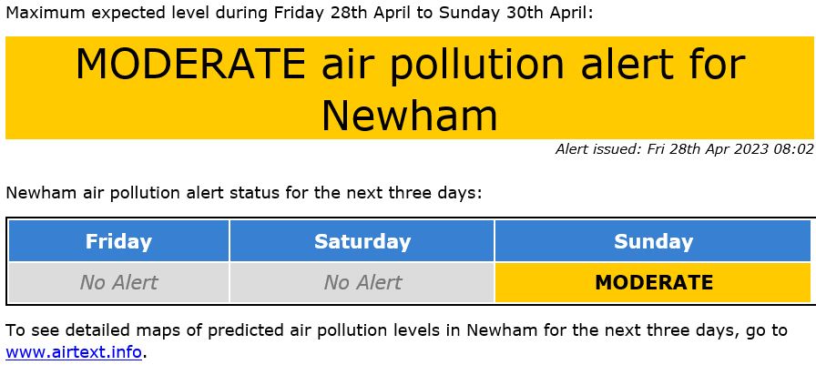 NewhamLondon's tweet photo. Moderate air pollution alert for Sunday 30 April: Adults and children with lung problems, and adults with heart problems, who experience symptoms should consider reducing strenuous physical activity, particularly outdoors.  Get airText alerts: https://t.co/YPhsKAUNDC https://t.co/6CAz1HqEA7