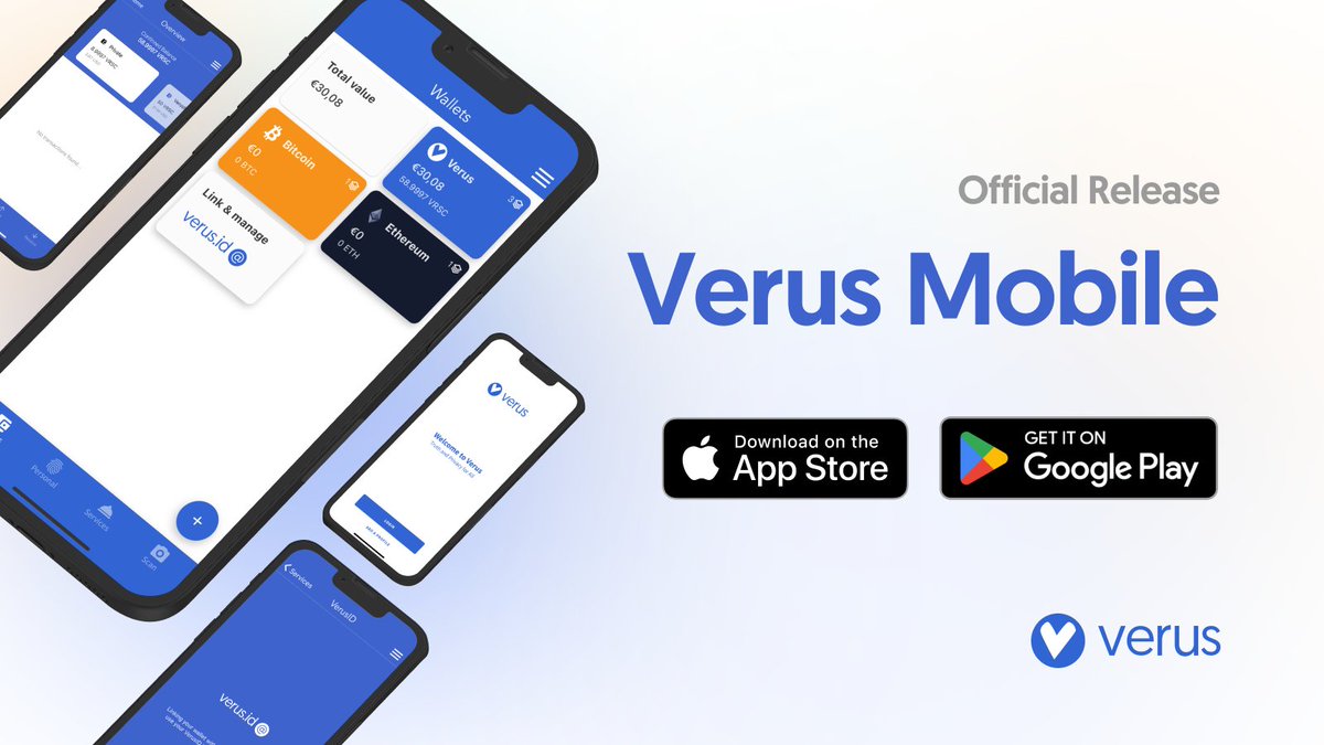 VerusCoin's tweet image. ✨Verus Mobile is now available on App Store for iPhone &amp;amp; Google Play!

Send, receive and store $VRSC and many other cryptocurrencies including $BTC and $ETH.

- VerusID support with password-free logins
- Private addresses (iOS only, for now)
- Non-custodial

Links below 🔗👇