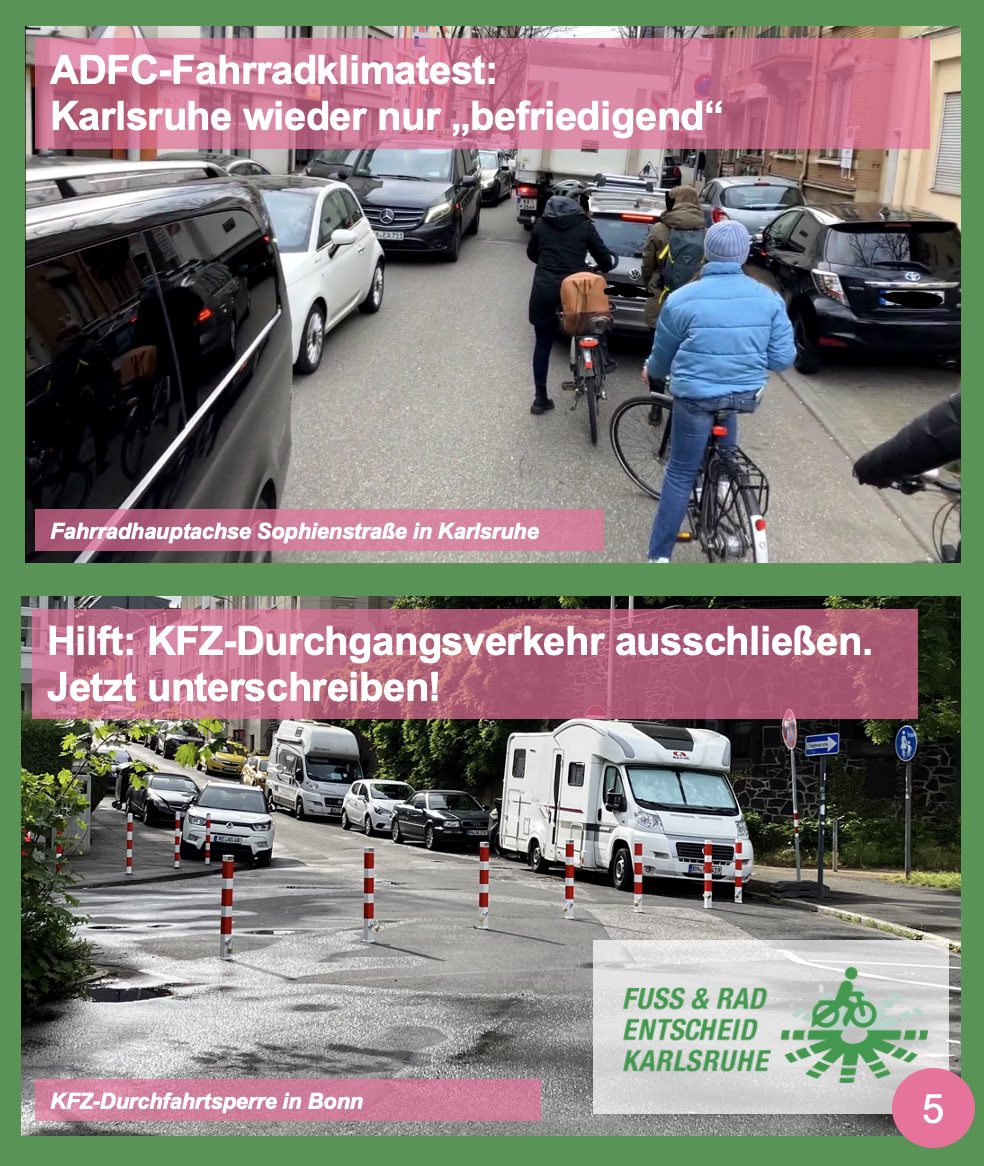 Ideen für Karlsruhe, Nummer 5: Kfz-Durchgangsverkehr unterbinden. Schleich- und Parkplatzsuchverkehr blockiert die Fahrradhauptachsen.