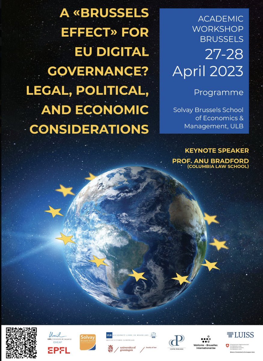 anubradford's tweet photo. An absolute joy to attend a conference on #BrusselsEffect where a terrific set of papers are presented. There is no greater honor for an academic than to see the next generation of scholars build on one’s work and make it better. #tech #EU #regulation https://t.co/x02pcBkZPw
