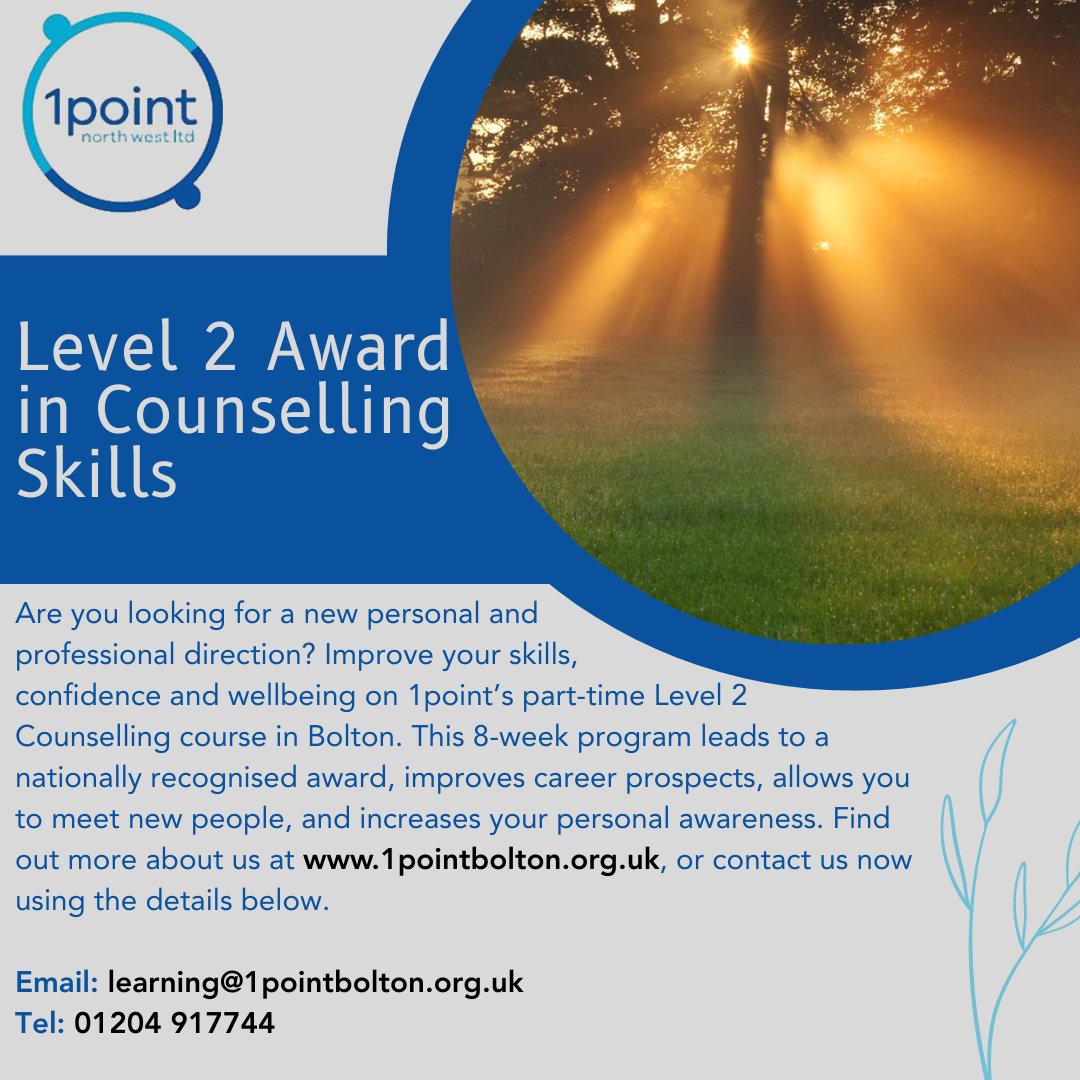 1pointbolton's tweet photo. Date change for our level 2 award in counselling skills! Now starting Wednesday the 10th of May. For more information, visit our website at https://t.co/qrLJ6cKaMs

#Counselling #therapy #Mindfulness #courses #NorthWest #Bolton https://t.co/R3qlneTNzF