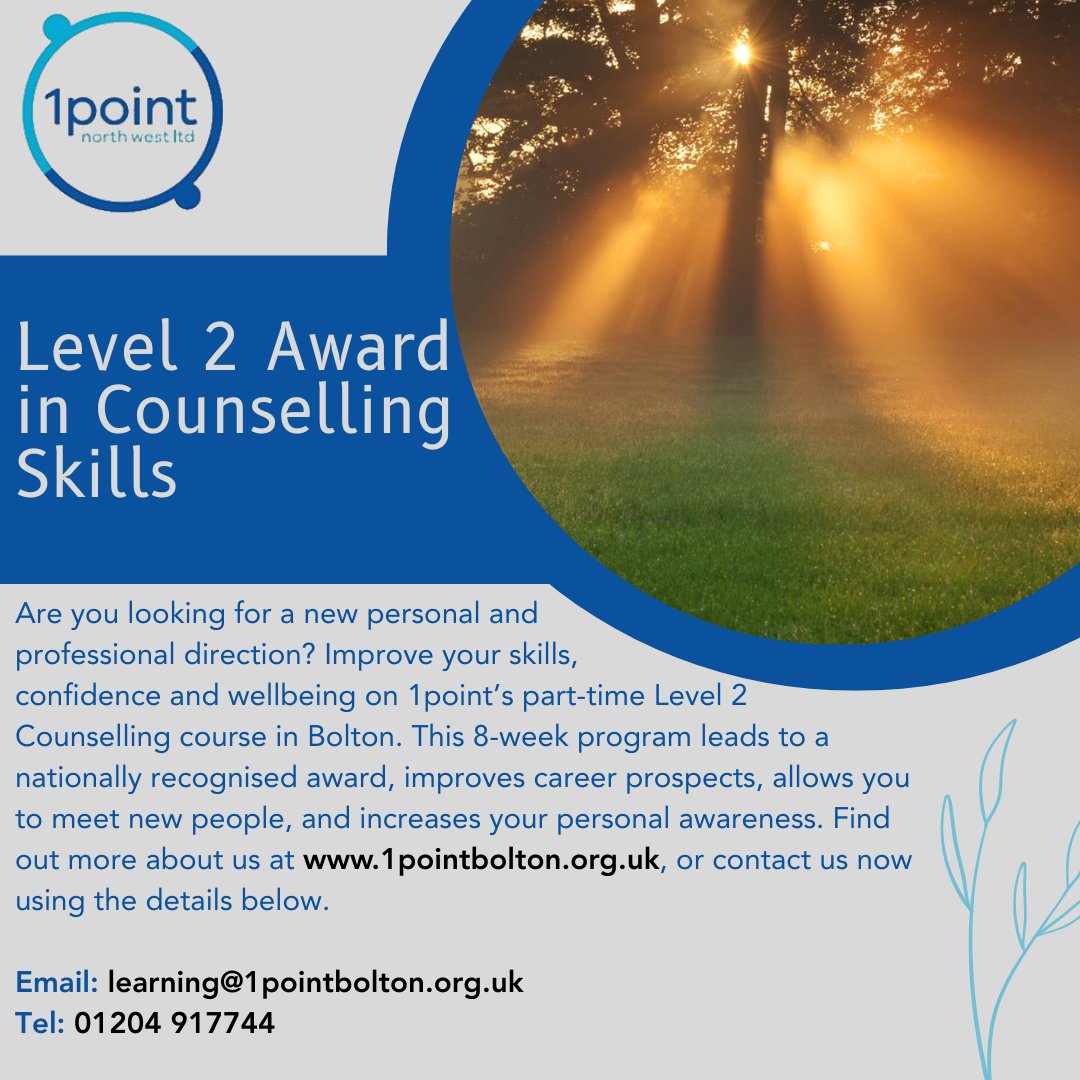 Date change for our level 2 award in counselling skills! Now starting Wednesday the 10th of May. For more information, visit our website at 1pointbolton.org.uk/the-skills-edu… #Counselling #therapy #Mindfulness #courses #NorthWest #Bolton