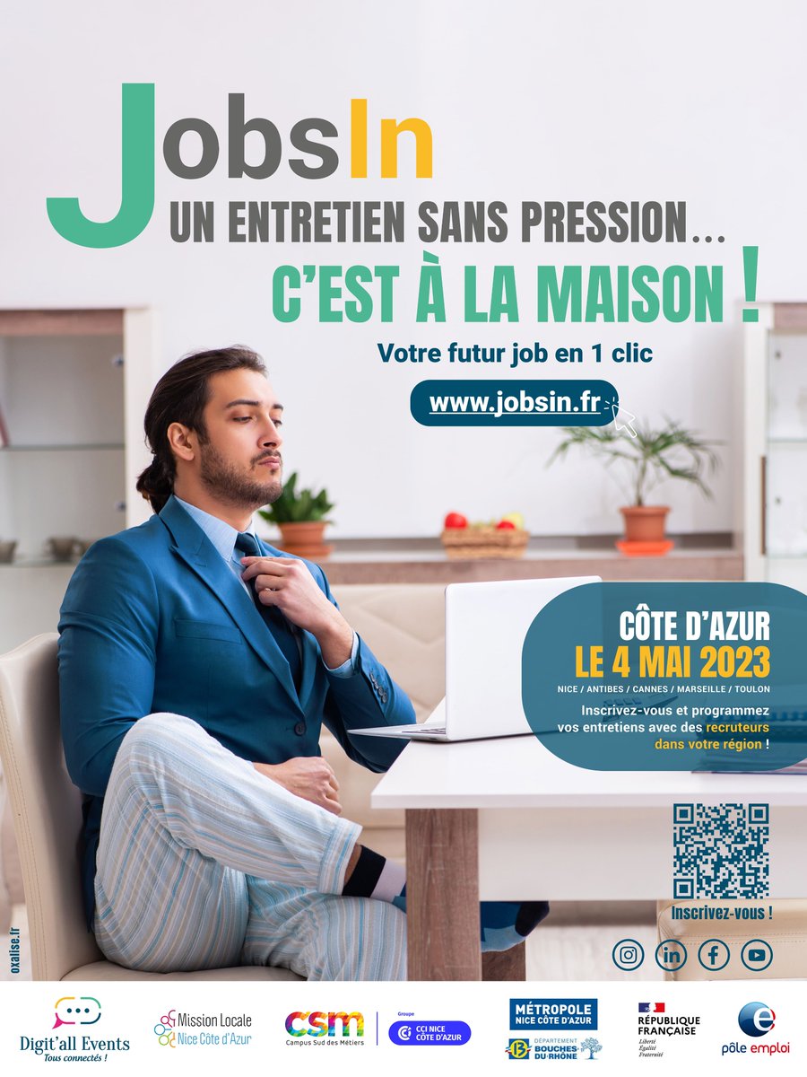 📢JobsIn Côte d'Azur, c'est le rendez-vous  recrutement en format digital. Jeudi 4 mai : entretiens en direct et conférences animées par Pôle emploi. Des propositions dans tous les secteurs. Le futur job en un clic ➡️jobsin.fr #DigitallEvents #AvecPôleEmploi