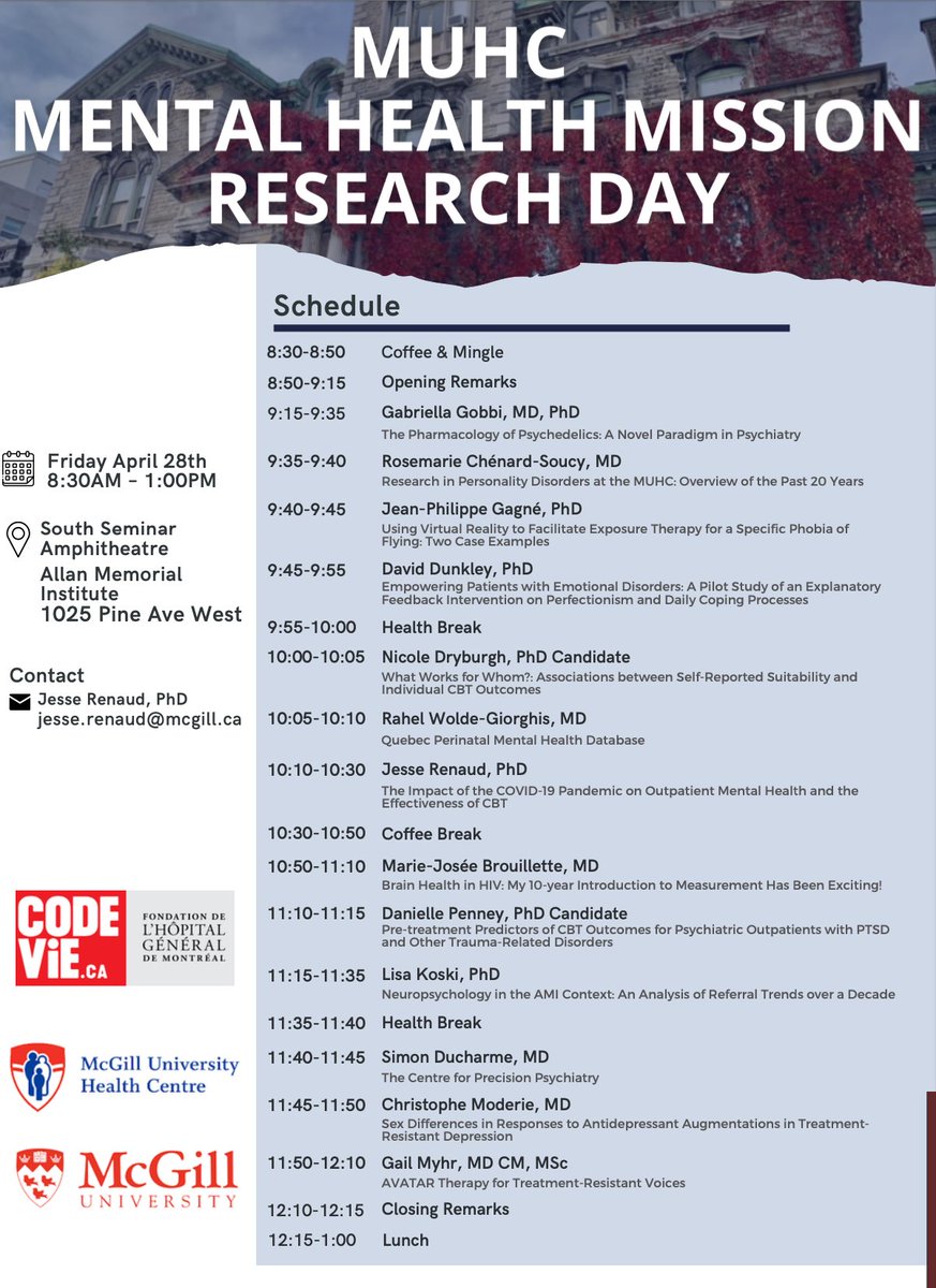 JeanPhilippeG's tweet photo. Thrilled to have been invited to present at the First Annual Research Day of the @cusm_muhc Mental Health Mission later today! #CBTworks #research https://t.co/ChHETXuxBT