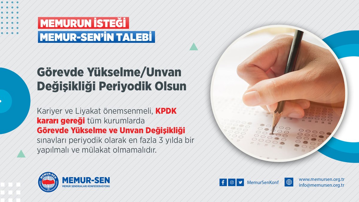 Görevde Yükselme/Unvan Değişikliği Periyodik Olsun

🔟 Kariyer ve Liyakat önemsenmeli, KPDK kararı gereği tüm kurumlarda Görevde Yükselme ve Unvan Değişikliği sınavları periyodik olarak en fazla 3 yılda bir yapılmalı ve mülakat olmamalıdır.

#Memurunİsteği