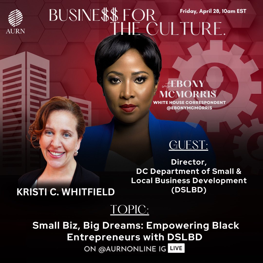 SmallBizDC's tweet photo. HAPPENING TODAY! ๐ข Join us at 10 AM on @AURNOnlineโs #instagramlive โBusiness for the Cultureโ show, as #DSLBD Director @WhitfieldKristi discuss all things #DCSmallBusinessWeek with @E_N_McMorris! ๐๏ธ
To join, follow @AURNOnline IG page โก๏ธ https://t.co/GFYuC6UTRa https://t.co/VcSoU7nVIy