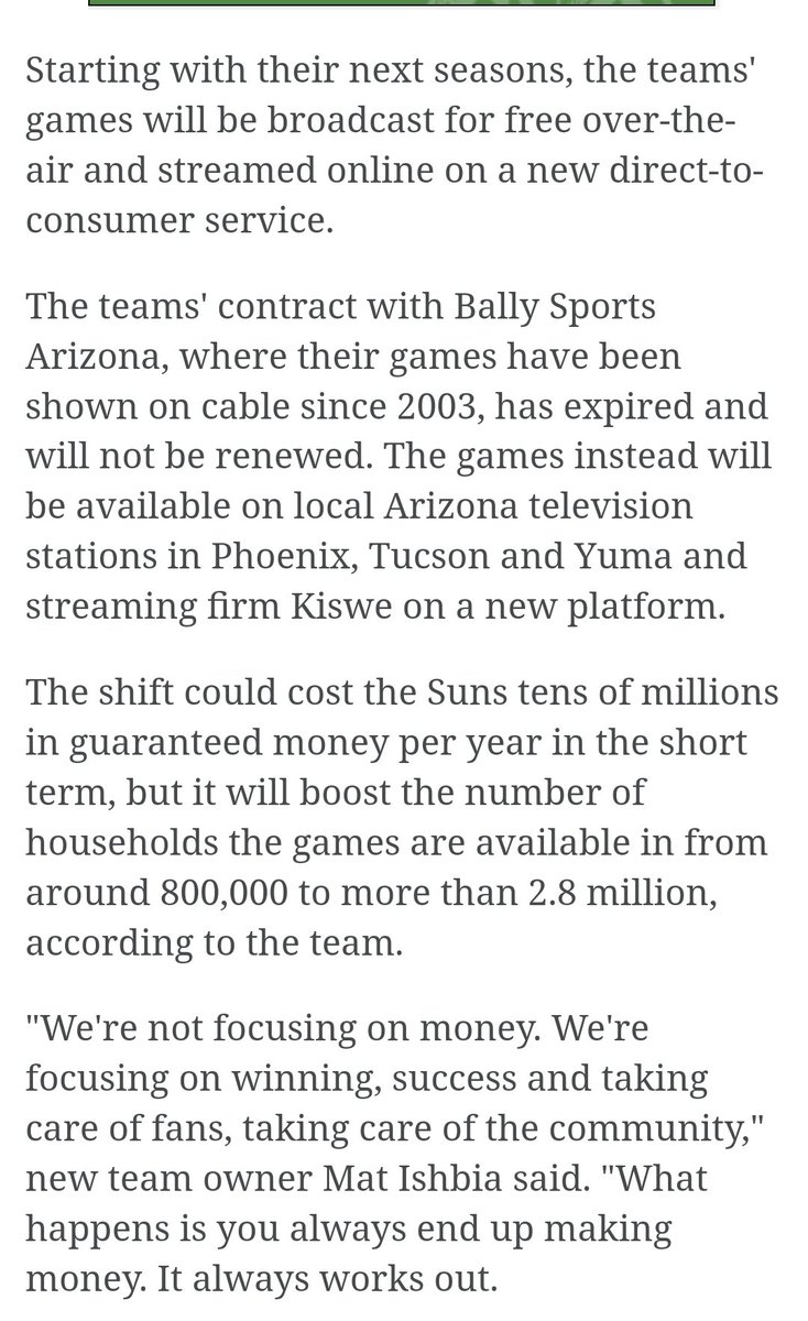 Really exciting news this morning about the Suns being the first NBA team to ditch cable. This move could create a drastically more robust local fan presence and is the type of forward thinking that we need, shoutout Mat Ishbia