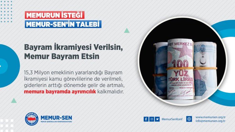 𝐁𝐚𝐲𝐫𝐚𝐦 𝐈̇𝐤𝐫𝐚𝐦𝐢𝐲𝐞𝐬𝐢 𝐕𝐞𝐫𝐢𝐥𝐬𝐢𝐧, 
𝐌𝐞𝐦𝐮𝐫 𝐁𝐚𝐲𝐫𝐚𝐦 𝐄𝐭𝐬𝐢𝐧

8️⃣ 15,3 Milyon emeklinin yararlandığı Bayram İkramiyesi kamu görevlilerine de verilmeli, giderlerin arttığı dönemde gelir de artmalı, memura bayramda ayrımcılık kalkmalıdır. 

#Memurunİsteği