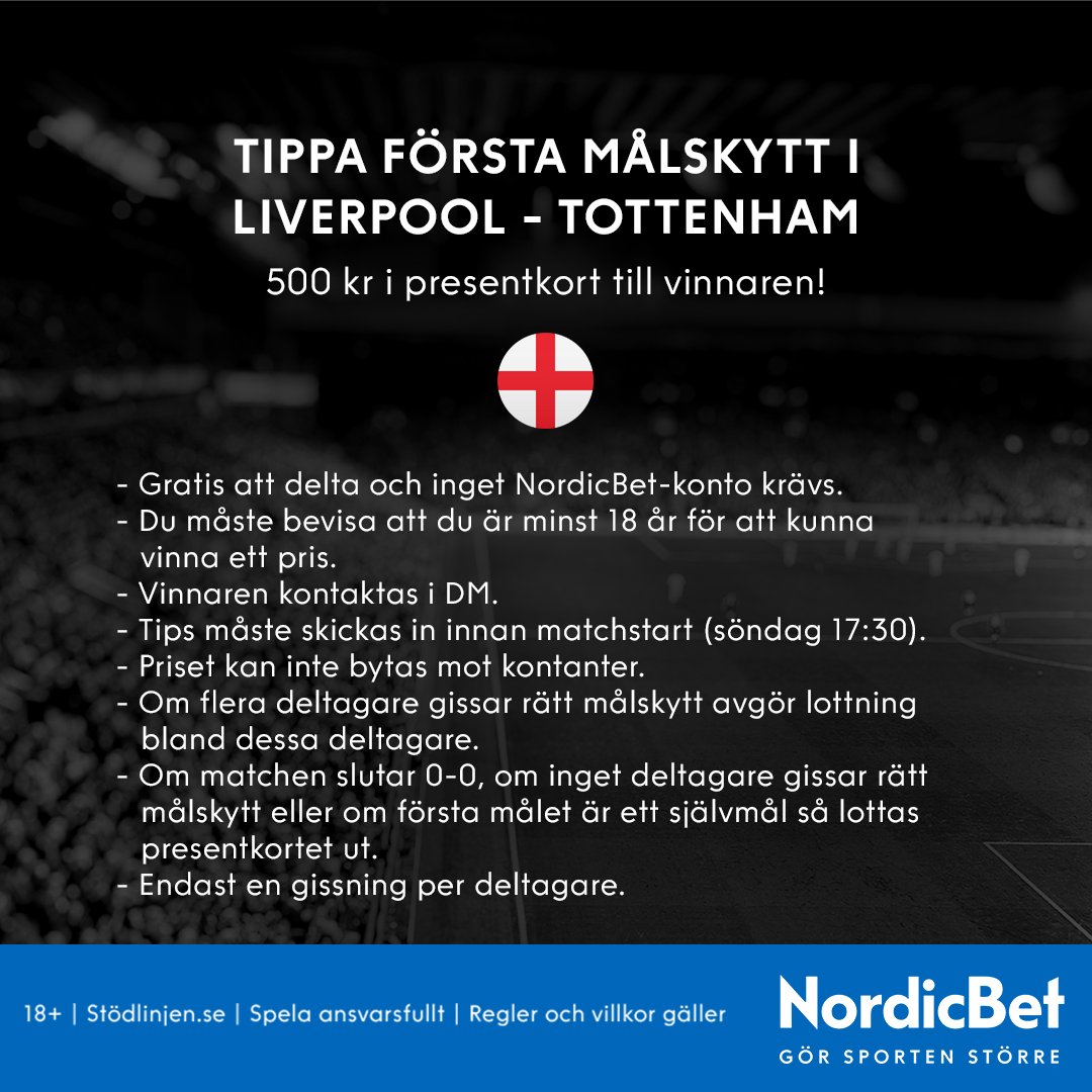 NordicBetSV's tweet image. Tävling till Liverpool-Spurs! 🏴󠁧󠁢󠁥󠁮󠁧󠁿

1. Gilla tweeten och följ oss. 👍
2. Tippa första målskytt i matchen genom att kommentera tweeten. ⚽️

- En vinnare tar hem ett superpresentkort värde 500 kr.

+18 år | stödlinjen.se