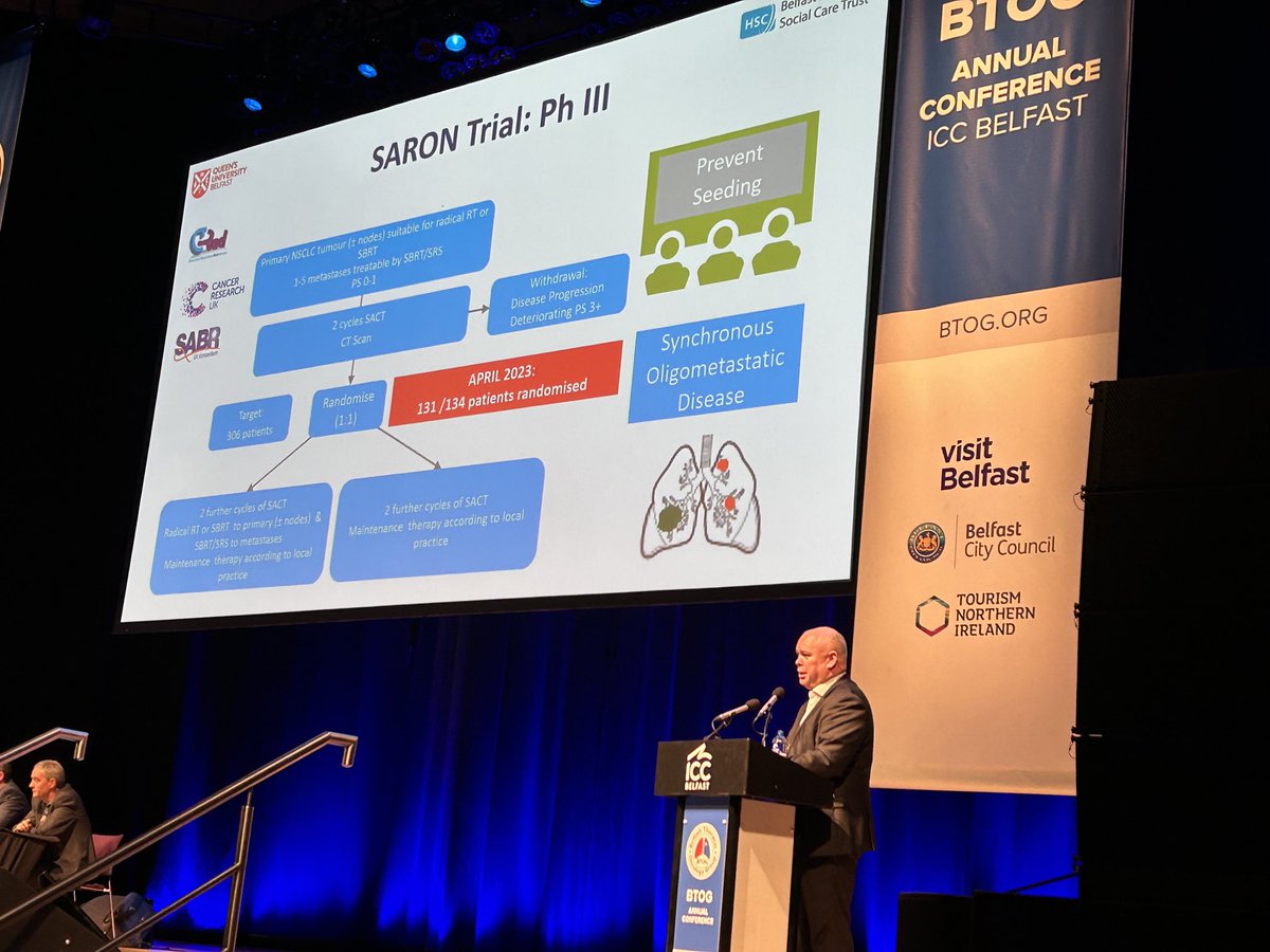 Wonderful talk by ⁦@gerryhanna⁩ at #BTOG23 on oligometaststic lung cancer with an update on important uk trials #SARON and #HALT ⁦@fifimcdrmh⁩ both almost completed their recruitment