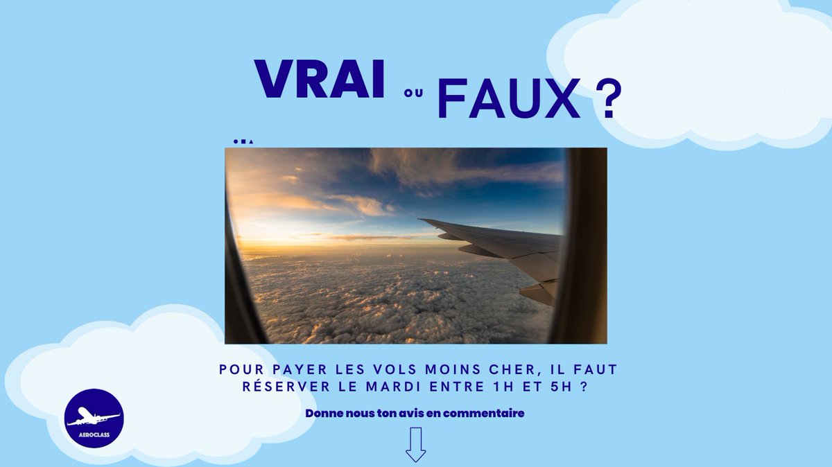 🛫 En ce vendredi, un petit vrai/faux s'impose 😋

Alors, selon vous, le mardi entre 1h et 5h du matin est-il le meilleur créneau pour payer ses billets d'avion le moins cher possible ?

#avion #voyage #mbadmb #airport #masterclass #réservation #aéroclass #digitalisation