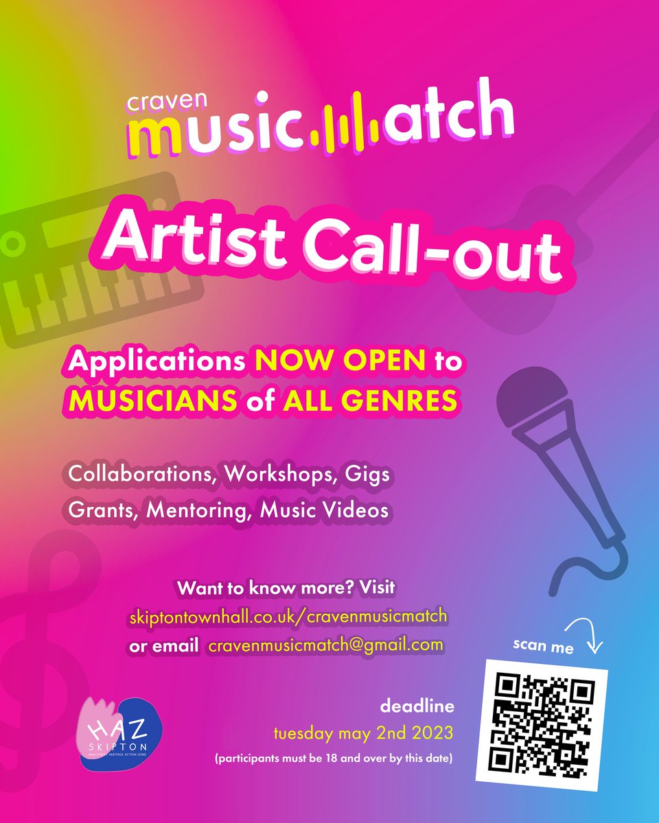 Call-out for local musicians! Are you an artist in the early stages of your career? Sign-ups are open through the bank holiday weekend, so if you're 18+ and have a connection to Craven, submit your application today! More information: skiptontownhall.co.uk/cravenmusicmat… #CravenMusicMatch