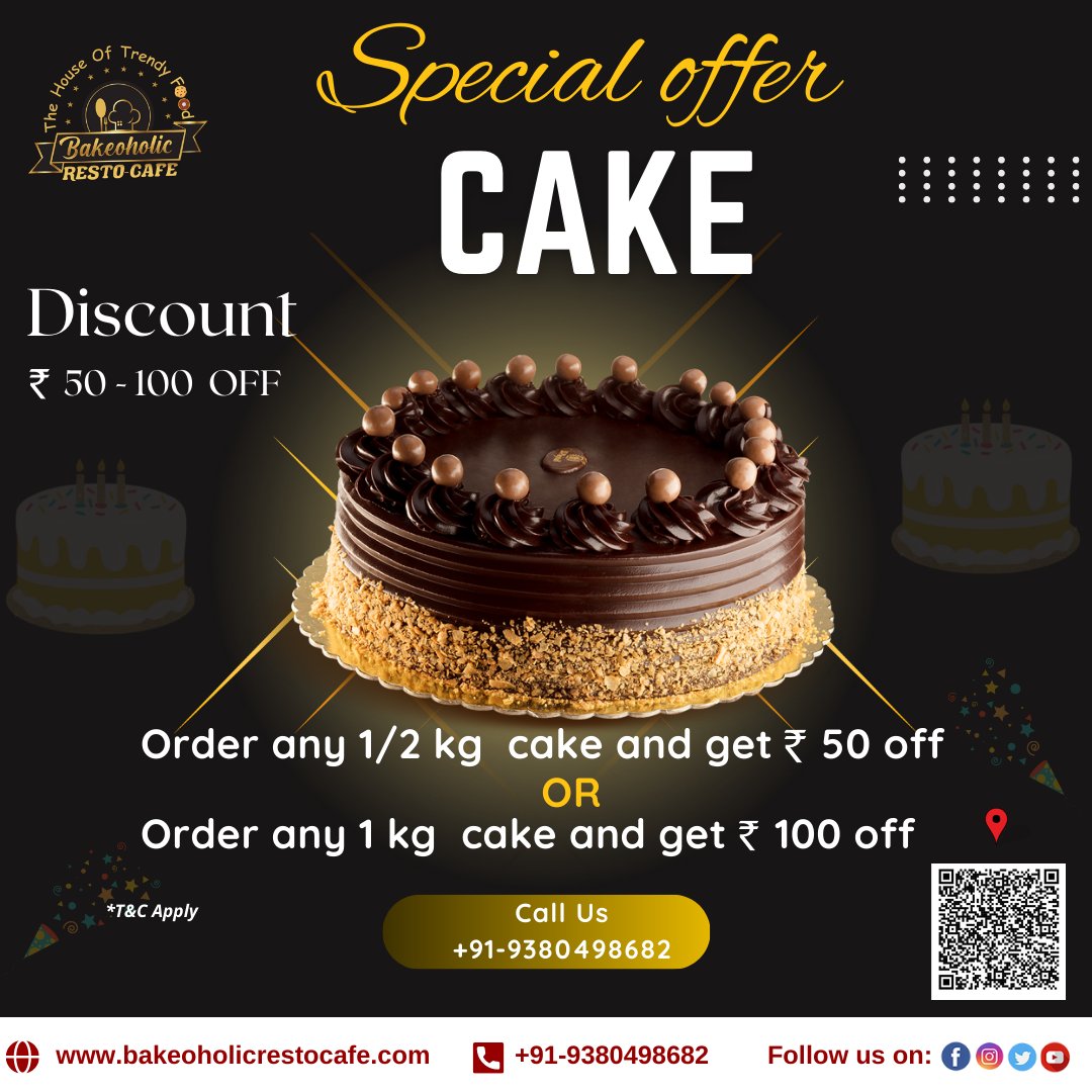Special offer on a cake🎂 you would not like to miss
𝐑𝐬.𝟓𝟎/- and 𝐑𝐬.𝟏𝟎𝟎/-  𝐎𝐅𝐅  on 1/2 kg and 1 kg cake. 🎂
📞+𝟗𝟏-𝟗𝟑𝟖𝟎𝟒𝟗𝟖𝟔𝟖𝟐
#bakeoholicrestocafe #BangaloreCafe #BangaloreBakers #fondantcake #designercakes #animaltheme #bangaloreeats #dineout #swiggy