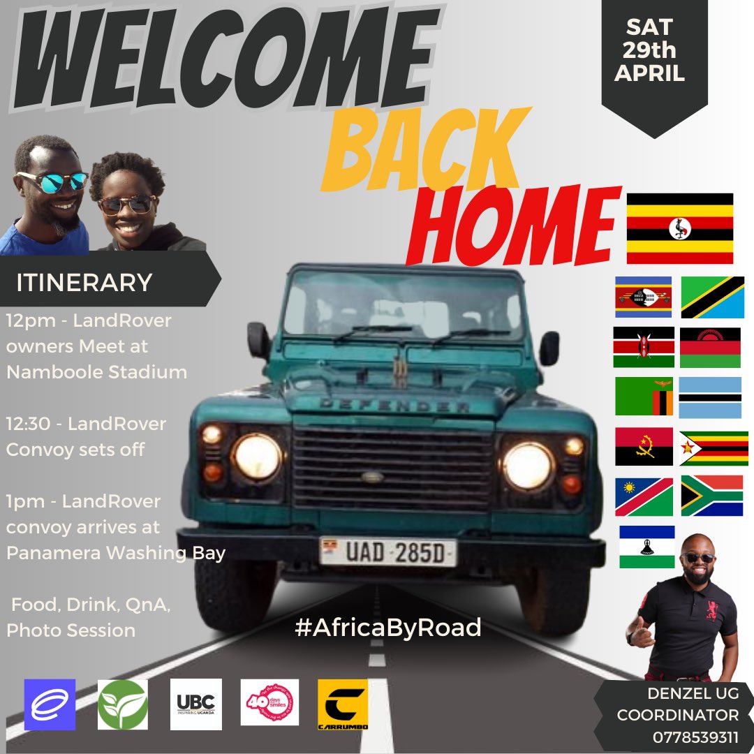 We are excited to have @maureenagena and @echwalu come back to Uganda in @SheDefender after 3 months transversing sub Saharan Africa! 
Alongside some folks from @LandRoverUganda we shall welcome them back at Namboole and convoy our way to @panamerakla to catch up! #AfricaByRoad