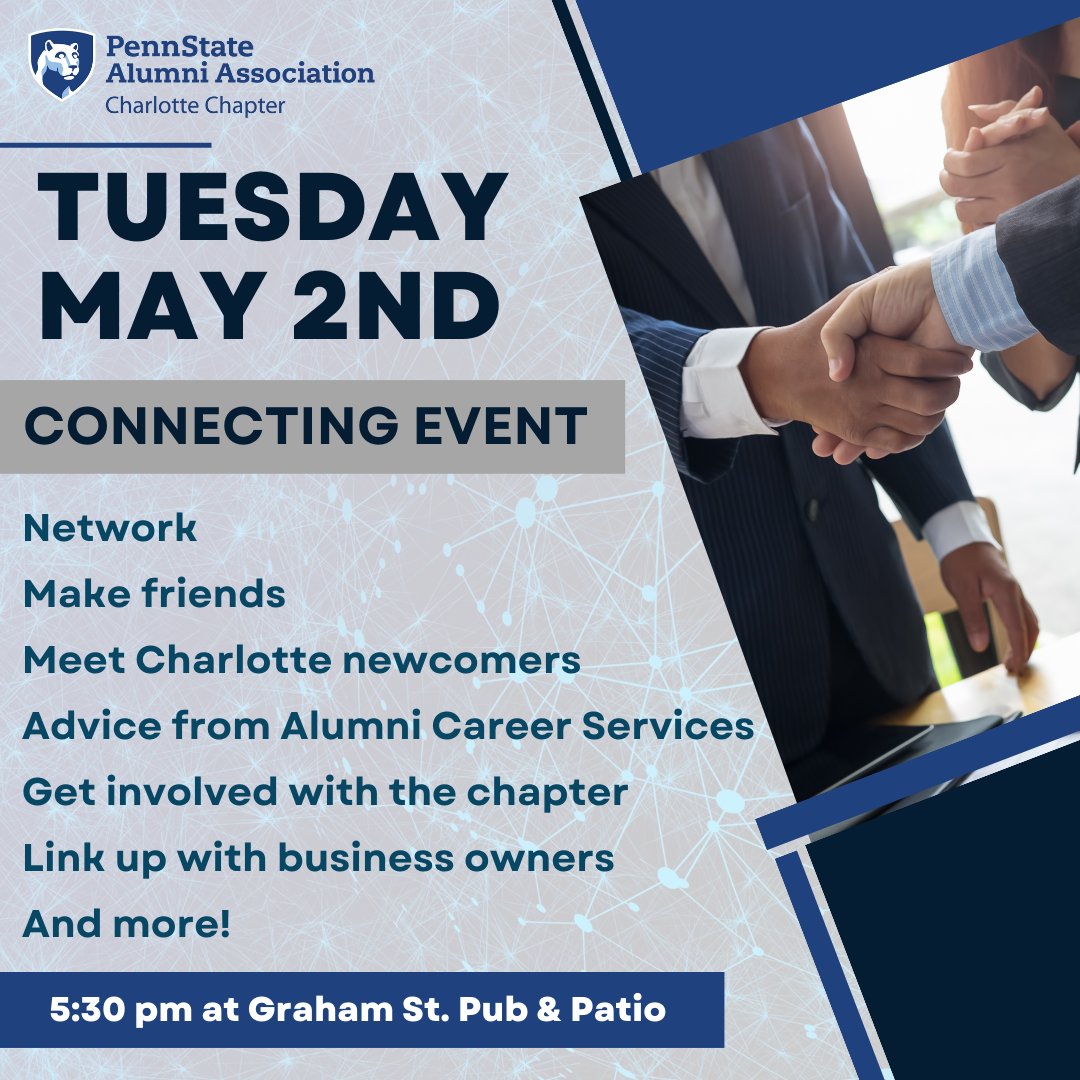 PSUCharlotte's tweet photo. Tuesday is coming fast, so mark your calendars to connect with fellow Penn Staters here in Charlotte. Join us Tuesday, May 2 at 530pm at Graham St Pub &amp; Patio! Look for us outside on the patio!  We can't wait to see you there. #WeAre #PSU https://t.co/0ntCrVyYZS