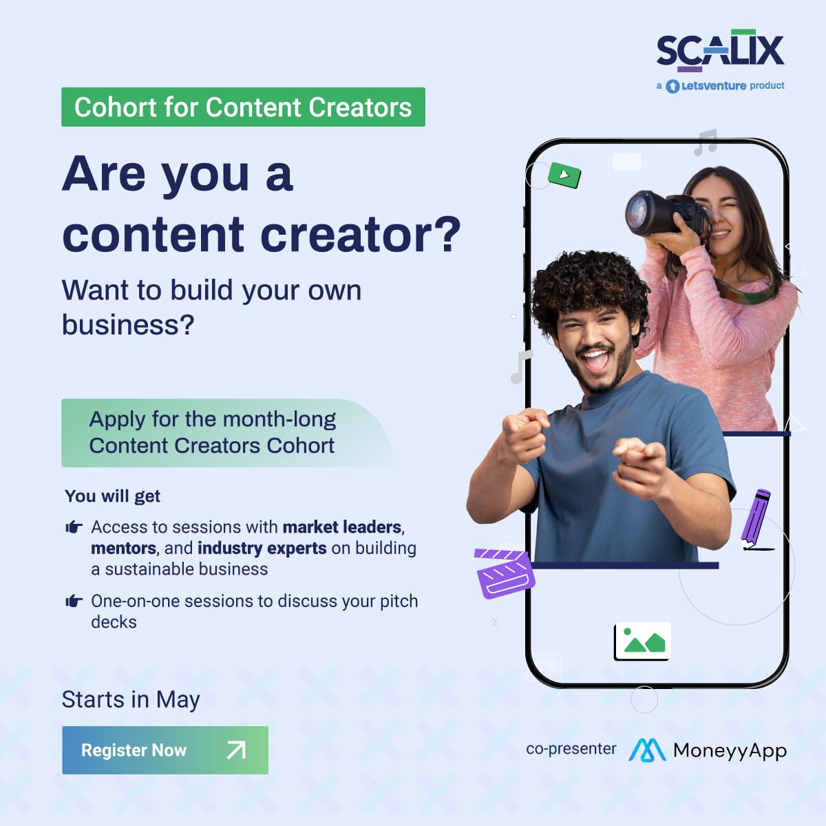 Scalix is back with its third cohort focused on content creators, co-presented by MoneyyApp. 
Register here: bit.ly/Scalix_CC
<a href="/moneyyapp/">MoneyyApp</a>
#startup #contentcreators #cohort #businesstactics #learnandgrow