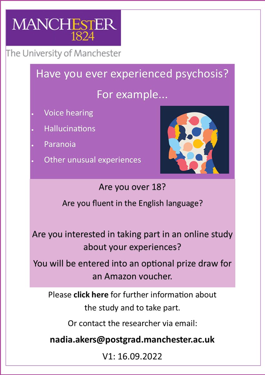 Our online study is looking for people with experiences of voice hearing, hallucinations, delusions or paranoia. Interested in taking part? Please click below for further information. qualtrics.manchester.ac.uk/jfe/form/SV_2o… #psychosis #voices #paranoia #hallucinations #delusions #mentalhealth