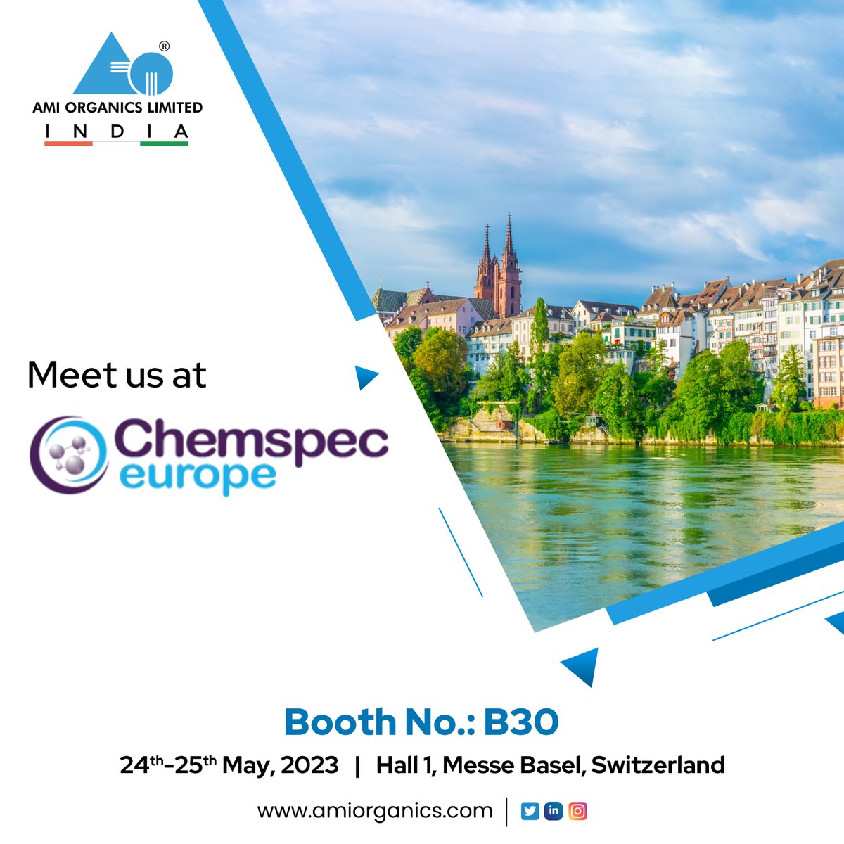We're excited to share that we will be exhibiting at Chemspec Europe - Int. Exhibition for Fine & Speciality Chemicals from 24 - 25th May 2023 at Messe Basel in Switzerland.

Email us at gaurav@amiorganics.com to set up a meeting in advance.

#SpecialityChemicals #ChemspecEurope