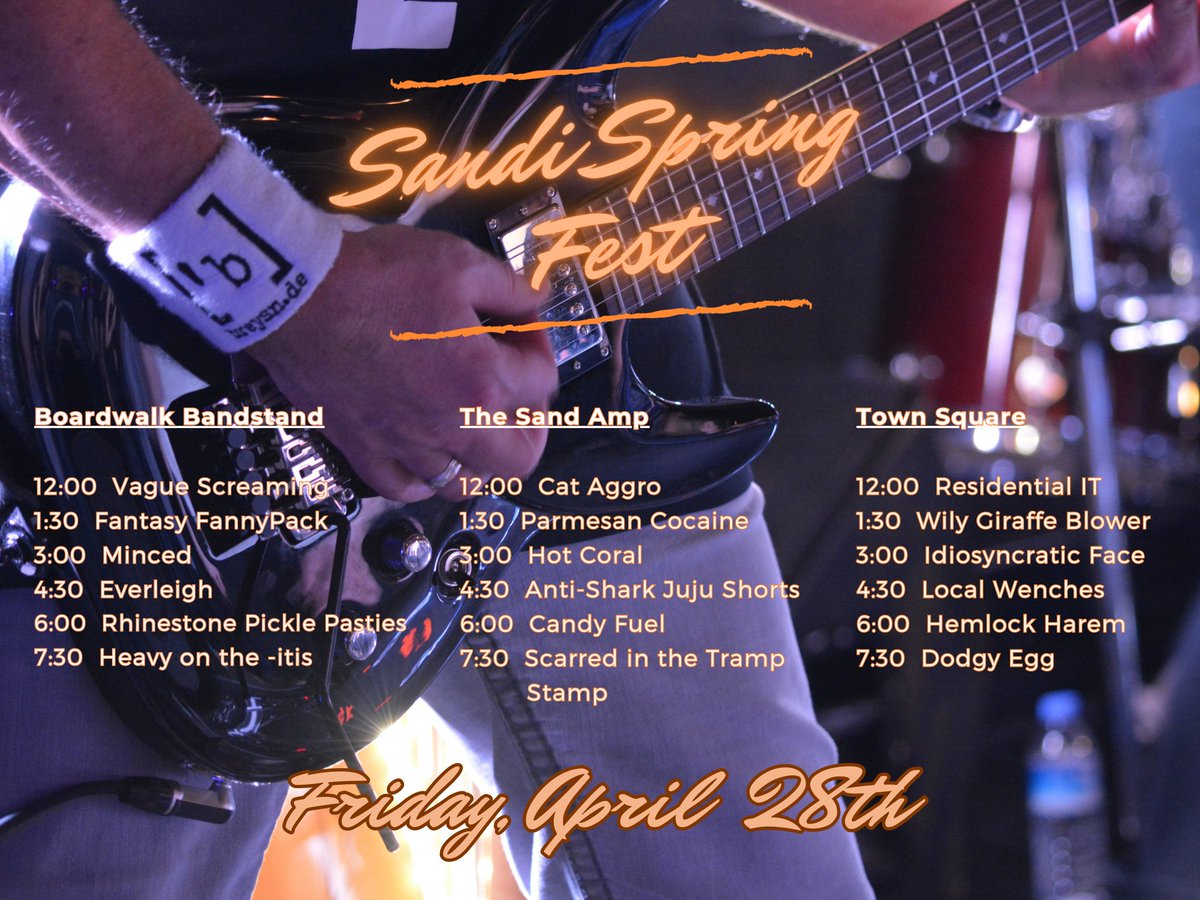 SanditonEvents's tweet photo. Sanditon Spring Music Festival is here, and we hope you are ready to rock out! Here is the lineup for our first day. 

Gates open at 11 AM, and there will be plenty of food truck options and sunscreen available! #SandiSpring https://t.co/LsPvubwO3N