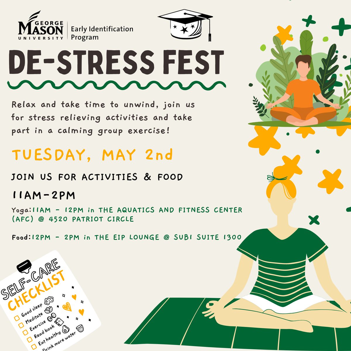 EIP Alumni at Mason join us Tuesday, May 2 from 11a.m.– 2p.m. at the EIP De-Stress Fest! cglink.me/2d7/r2108019You can bring friends and other guests! See you there!