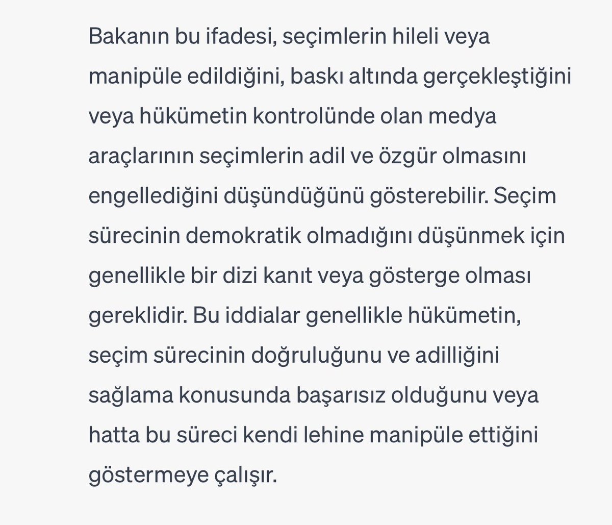 Sayın içişleri bakanı 14 Mayısta yapılacak seçimler “Batı'nın siyasi darbe girişimidir" demiş. Yarın ABD’de oyumu vermeye gideceğim, bu bakımdan bu açıklaması beni rahatsız etti, ne yapalım oy kullanmayalım mı?? Kafam karıştı, ben de yapay zekaya sordum ne demek istemiş acaba?