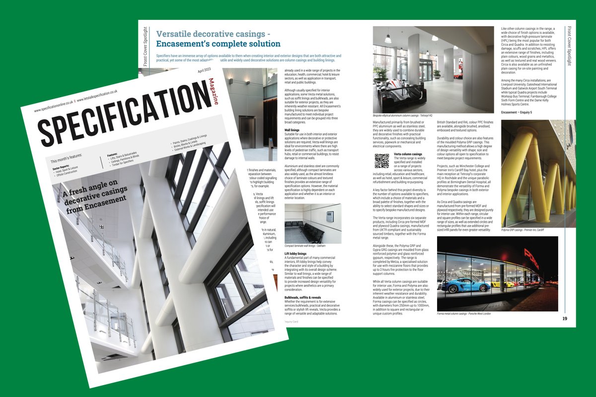 Encasement's tweet photo. Encasement features on the cover of the current edition of Specification Magazine and inside, with a double page spread on pages 18 and 19. The cover image shows a bespoke Forma casing project at Birmingham Dental Hospital.
https://t.co/LJ8GAzd8l9 https://t.co/sPsV89yLnu
