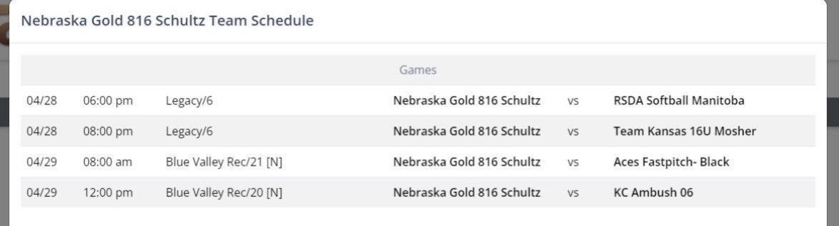 Excited for my  first spring tournament back with <a href="/nebraskagold816/">Nebraska Gold 816 Schultz</a> at USA Invitational! See Us at Legacy Field 6 (Lee’s Summit, MO) 6&amp;8pm tonight. <a href="/autiej_2/">Autumn Hughes</a> @MCCMWSB <a href="/EState_Softball/">Emporia State Softball</a> <a href="/softball_gu/">Graceland University Softball 🥎</a> <a href="/GriffonSoftball/">Griffon Softball</a> <a href="/coachyegge/">Yegge</a>   <a href="/NWBearcatSB/">Northwest Softball</a> <a href="/naomi_tellez/">naomi tellez</a> <a href="/CCRoughridersSB/">Crowder College Softball</a>