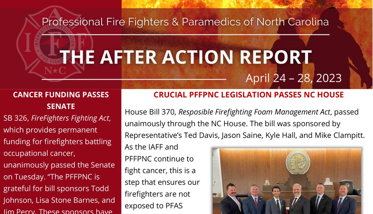 The PFFPNC e-newsletter for April 24-28 includes exciting news out of Raleigh with the crucial passage of HB 370, Responsible Firefighting Foam Management Act, passing through the NC House, and SB 326, Firefighters Fighting Act, passing the Senate.

READ: pffpnc.org/newsletters/