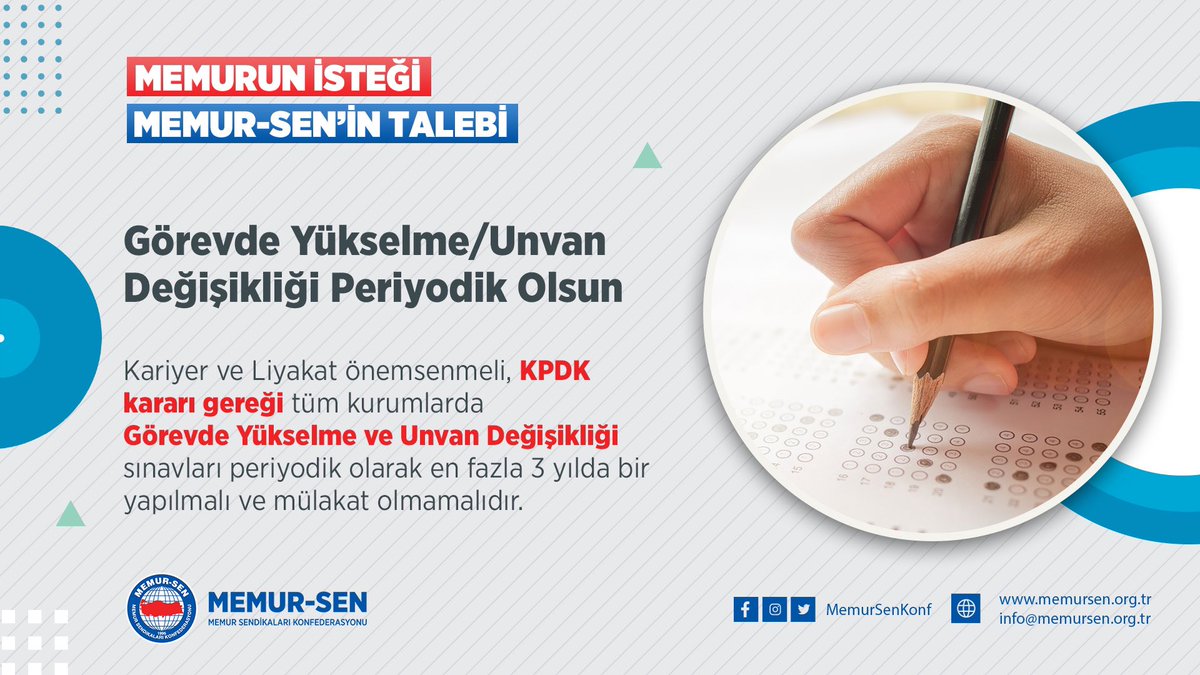𝐆𝐨̈𝐫𝐞𝐯𝐝𝐞 𝐘𝐮̈𝐤𝐬𝐞𝐥𝐦𝐞/𝐔𝐧𝐯𝐚𝐧 𝐃𝐞𝐠̆𝐢𝐬̧𝐢𝐤𝐥𝐢𝐠̆𝐢 𝐏𝐞𝐫𝐢𝐲𝐨𝐝𝐢𝐤 𝐎𝐥𝐬𝐮𝐧
🔟 Kariyer ve Liyakat önemsenmeli, tüm kurumlarda GörevdeYükselme ve UnvanDeğişikliği sınavları periyodik olarak en fazla 3 yılda bir yapılmalı, mülakat olmamalıdır
#Memurunİsteği