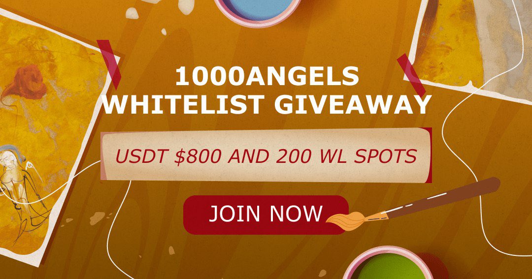 1000Angels Whitelist Giveaway is LIVE 🔥
📆 Duration: 28.04.2023 to 07.05.2023

💰 Total prize pool is USDT $800 + 200 WL spots

🚀 Join now: gleam.io/2JYJf/1000ange…

#Airdrops #giveaway #Gleam #whitelist #NFT #1000angels #digitalart