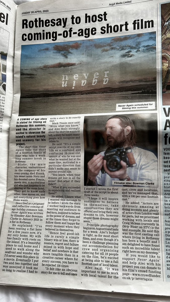 Thanks so much to the #IsleOfBute news for the leg up for #NeverAgain ~ much appreciated ~ I’ve just been stopped in the street to answer further questions 🖤🎥🖤

crowdfunder.co.uk/p/neveragain